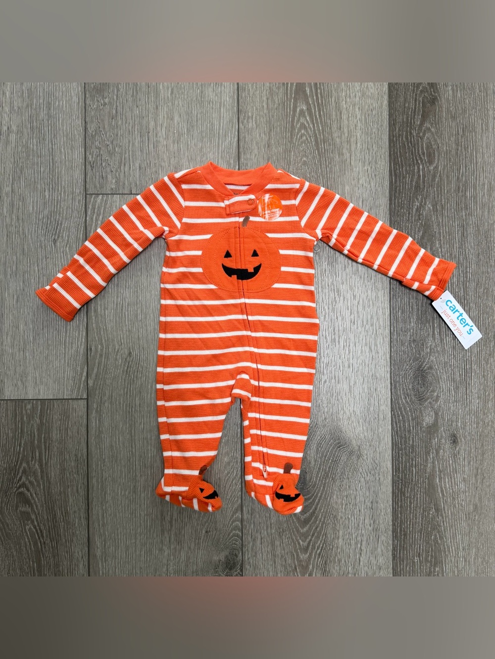 CARTERS HALLOWEEN WAFFLE KNIT FOOTED SLEEPER ORANGE STRIPES PUMPKIN 3MO UNISEX
